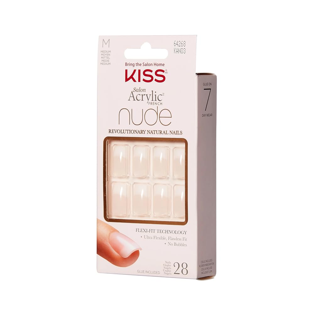 Kiss Salon Acrylic Nude French Medium Length Flat Nails, 28 Count, Pack of 3