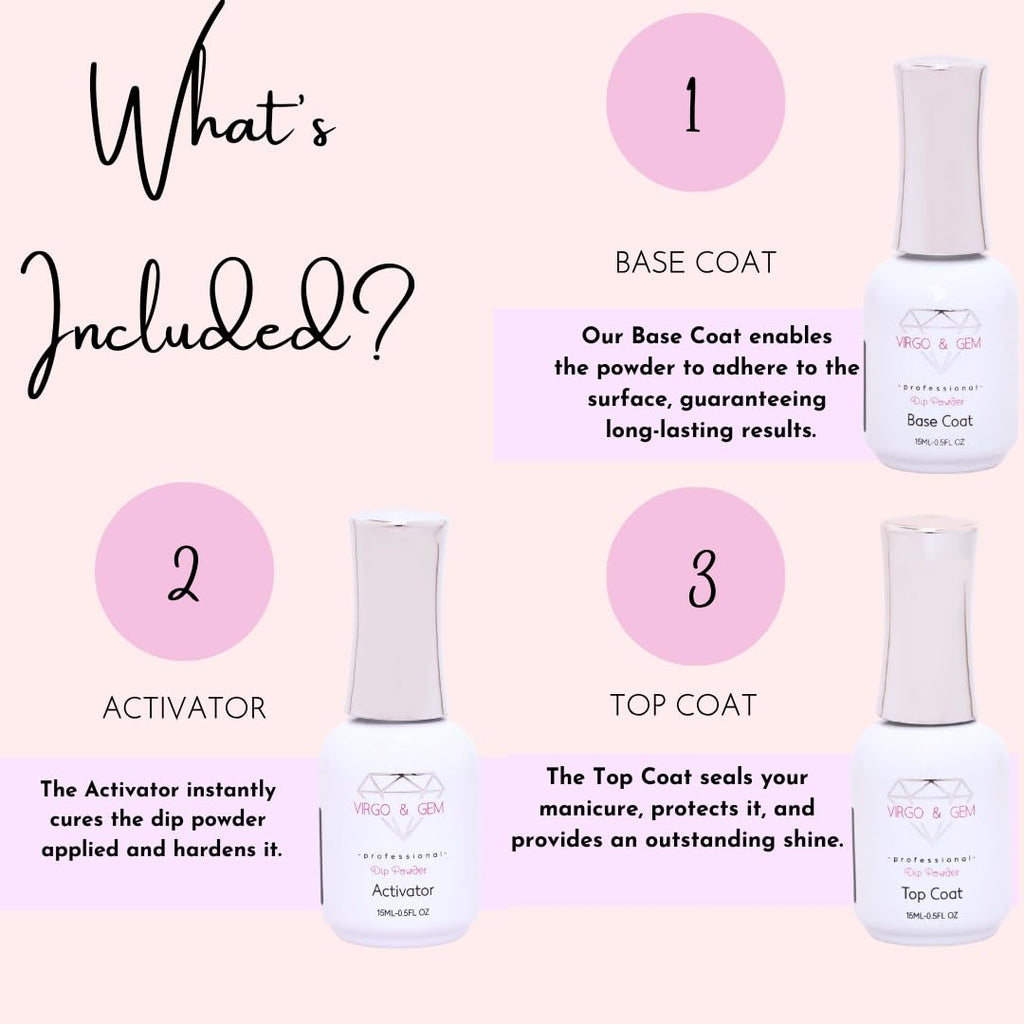 Virgo & Gem 3-Piece Dipping Powder Liquid Set with 15ml Base, Activator & Top Coat