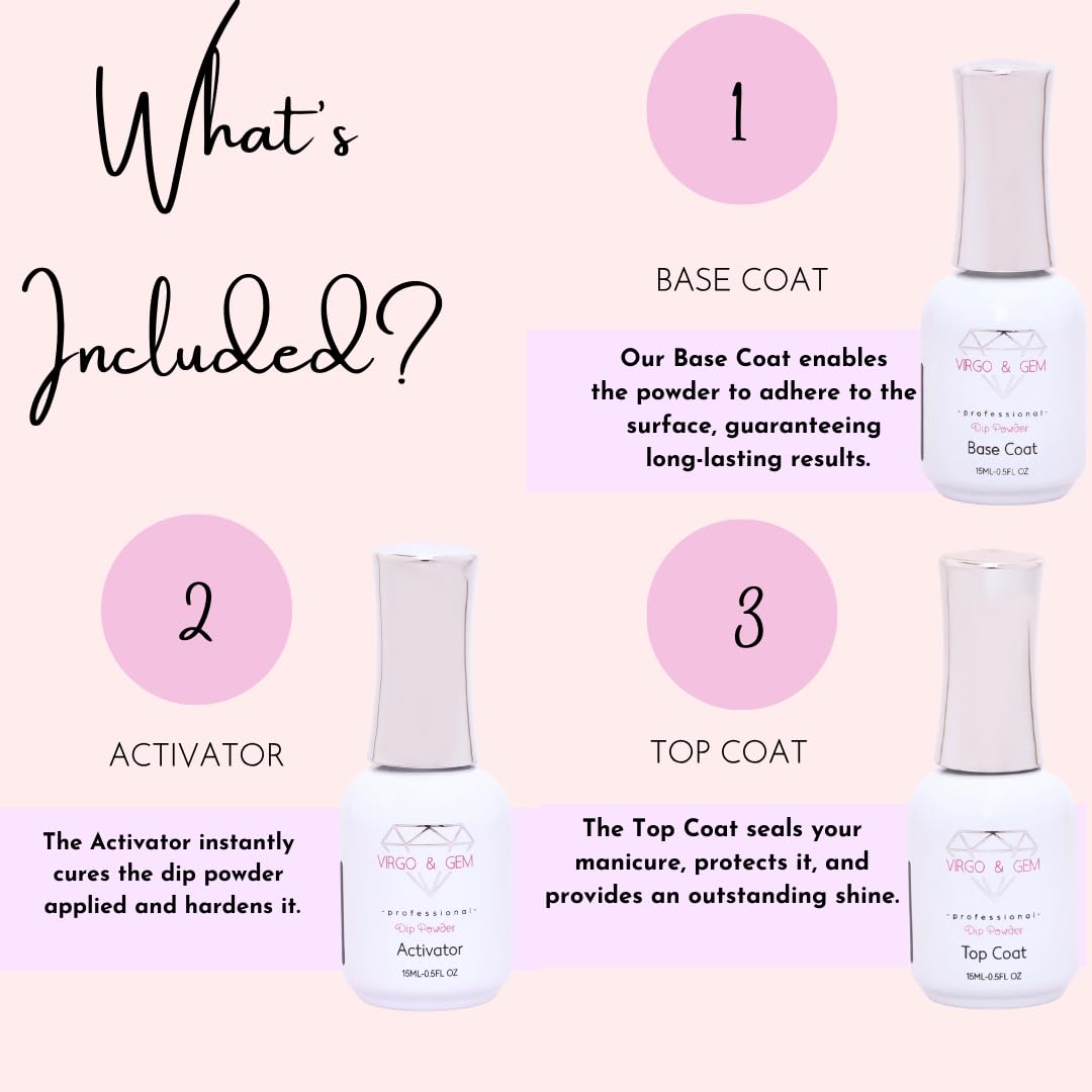 Virgo & Gem 3-Piece Dipping Powder Liquid Set with 15ml Base, Activator & Top Coat