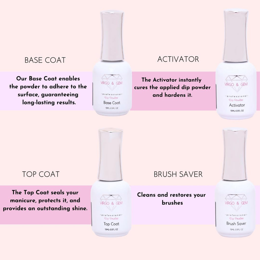 Virgo & Gem 3-Piece Dipping Powder Liquid Set with 15ml Base, Activator & Top Coat