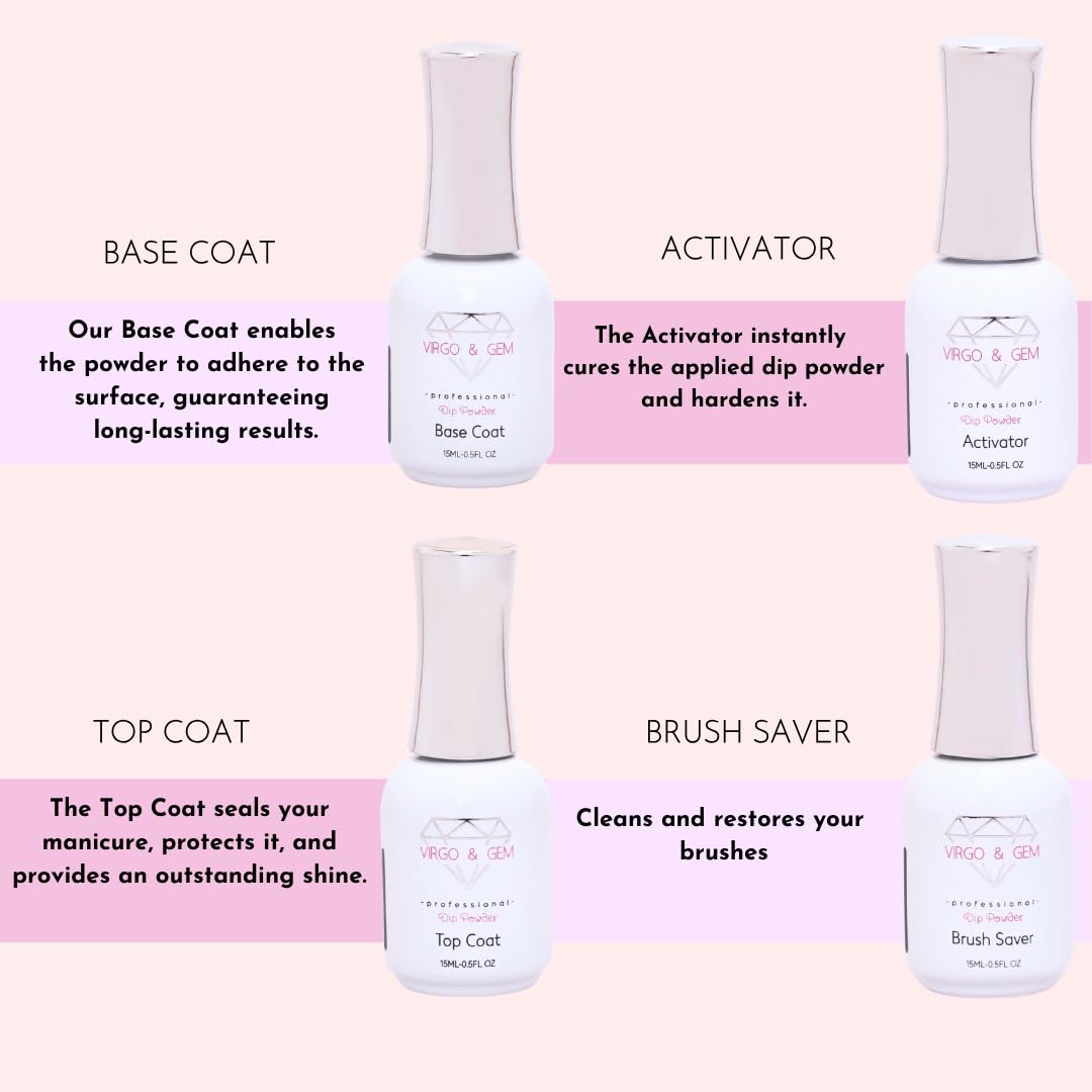 Virgo & Gem 3-Piece Dipping Powder Liquid Set with 15ml Base, Activator & Top Coat