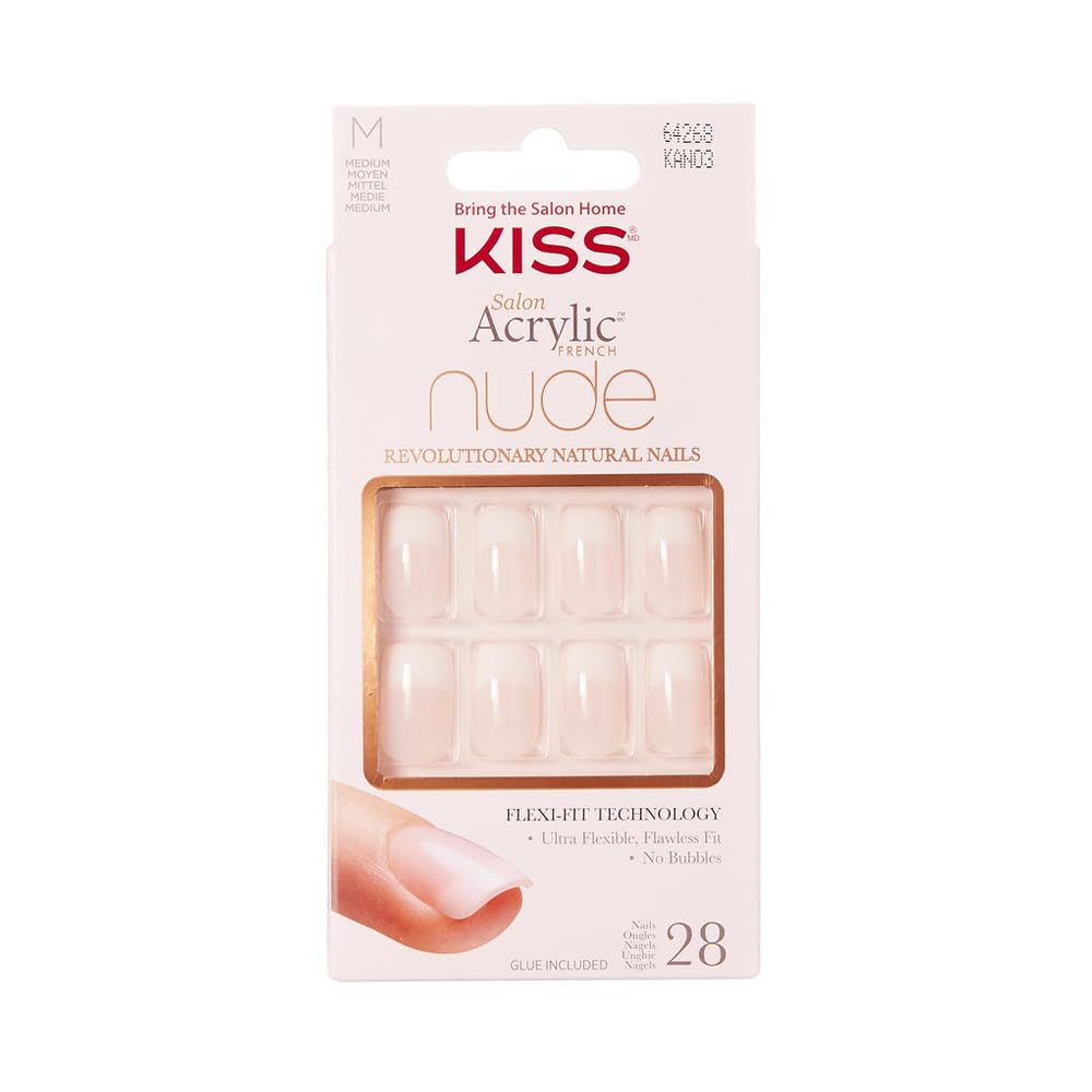 Kiss Salon Acrylic Nude French Medium Length Flat Nails, 28 Count, Pack of 3