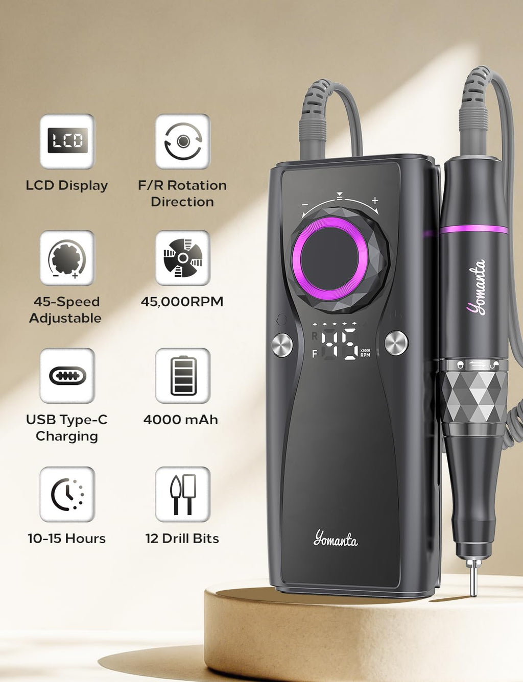 Yomanta Professional Electric Nail Drill Kit, 45,000 RPM Rechargeable E-File