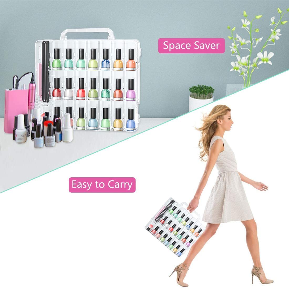 Nail Polish Organizer Case with Adjustable Dividers and Carry Handle