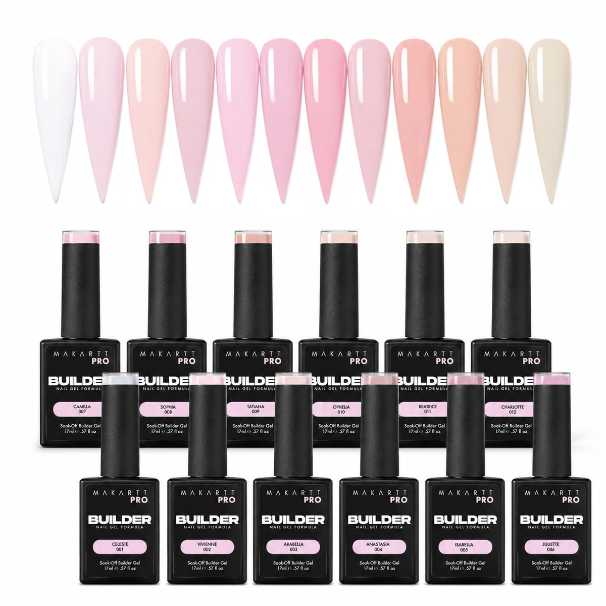 MakarttPro Builder Nail Gel in a Bottle, 12 Neutral Cover Colors, 17ml
