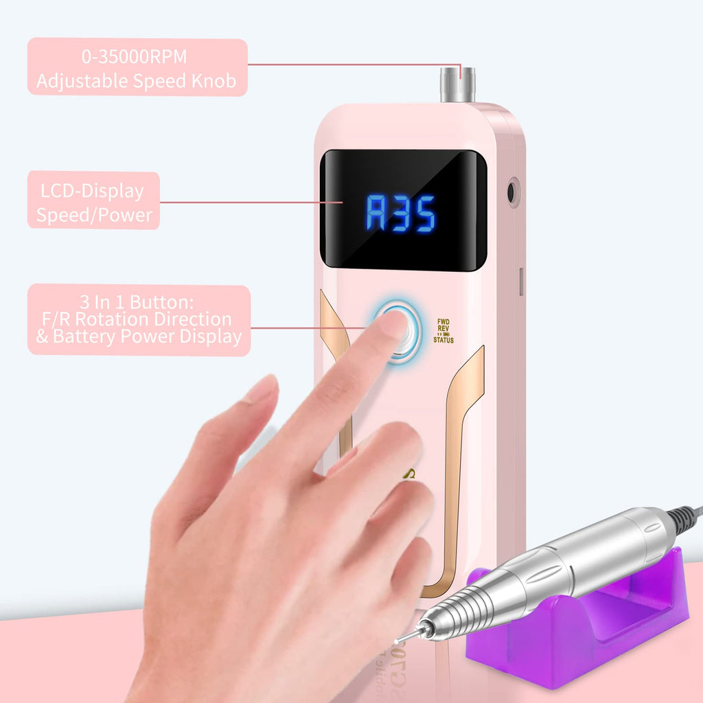 MOCOWIND Portable Nail Drill, Rechargeable Electric Nail File, 35000 RPM