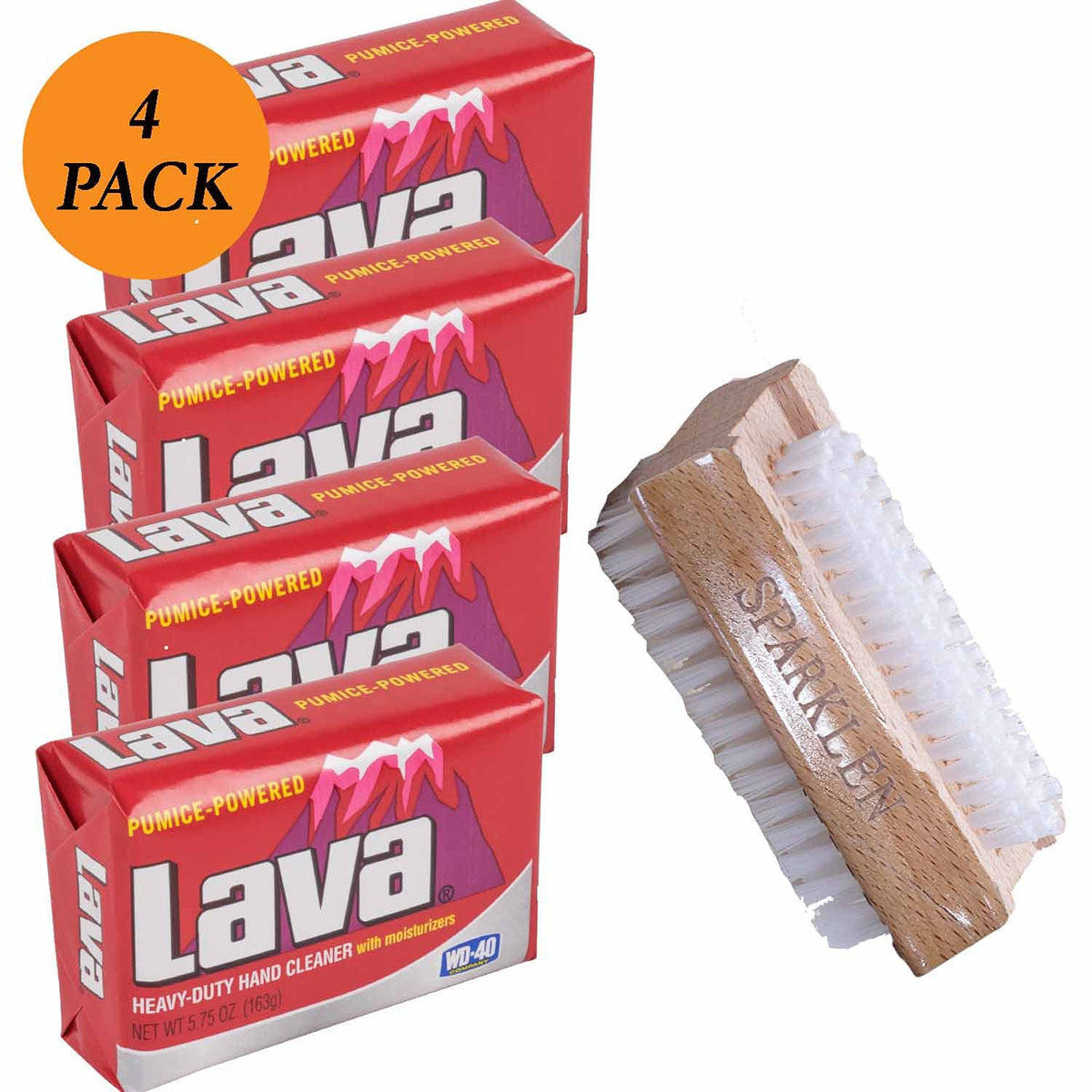 Lava Pumice Bar Soap, 4 Bars with Wooden Nail Brush, 5.75 oz Each