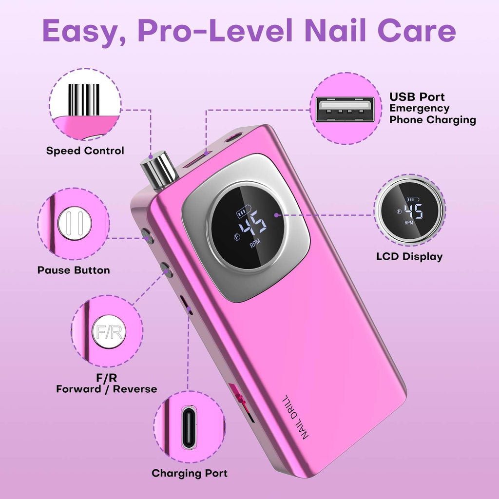 FTOYIN Rechargeable Electric Nail Drill with LCD Display and Bits