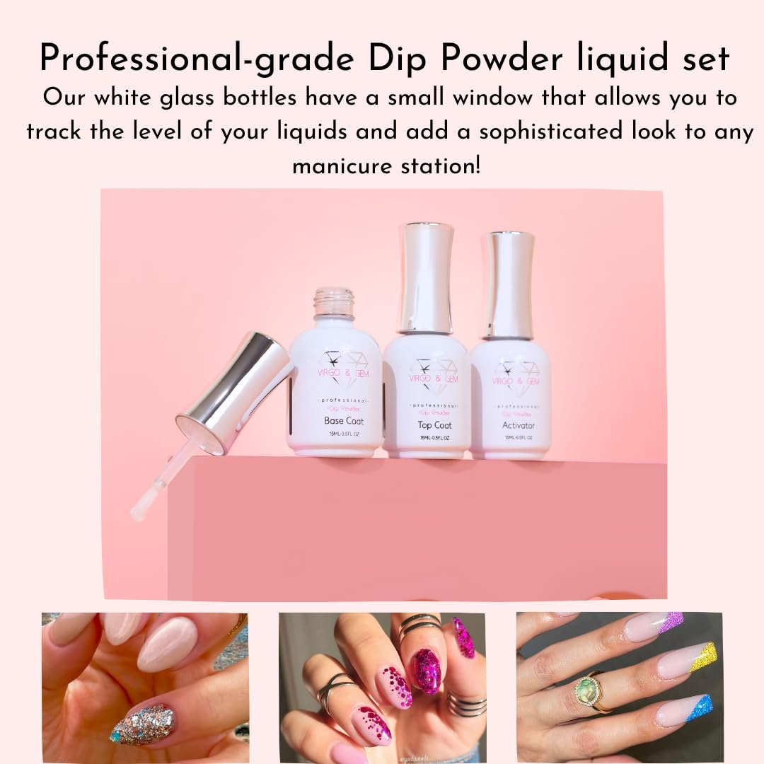 Virgo & Gem 3-Piece Dipping Powder Liquid Set with 15ml Base, Activator & Top Coat