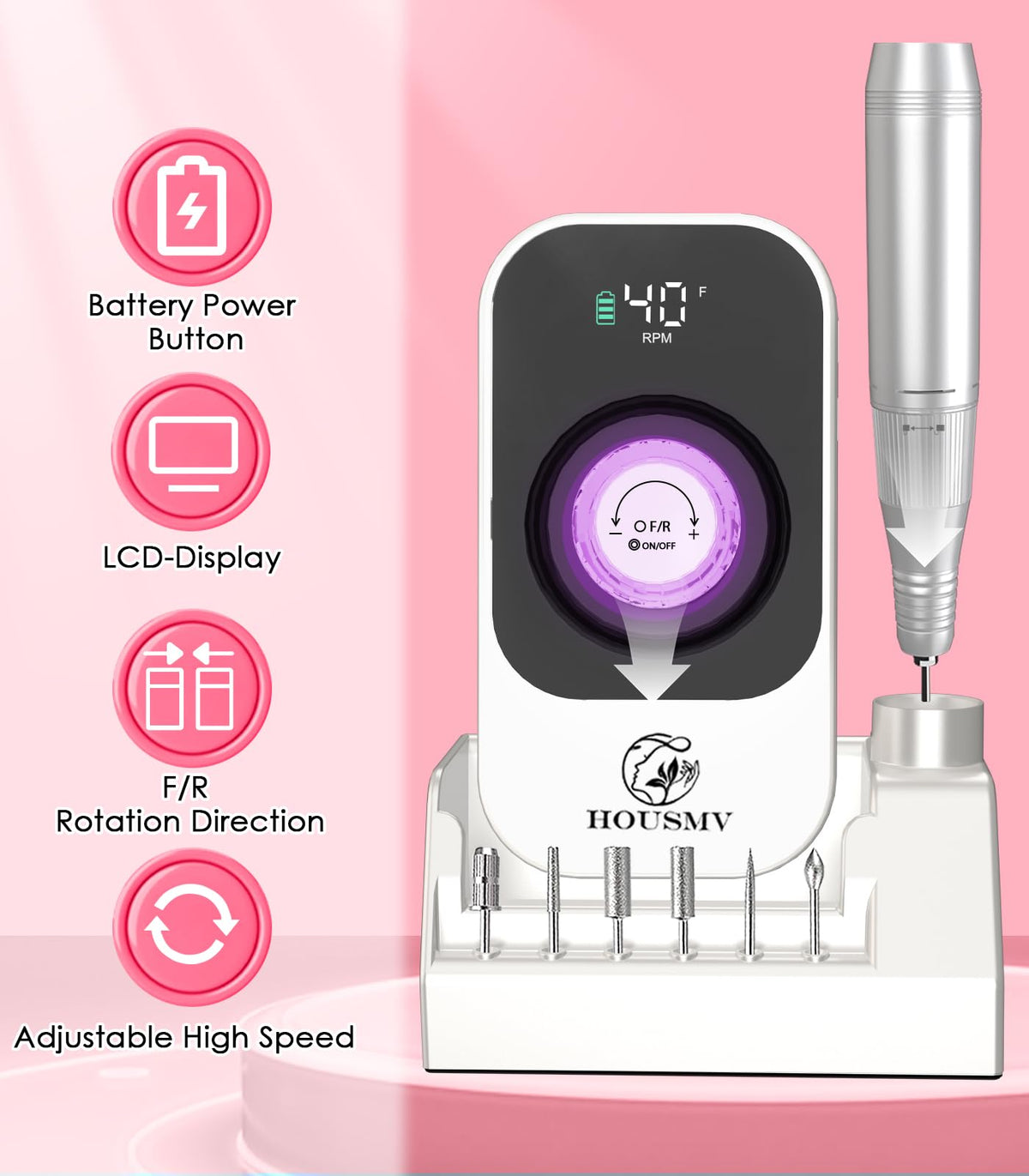 Portable Rechargeable Nail Drill Machine, 40,000 RPM Electric E-File Kit