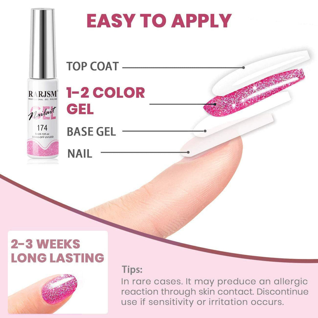 RARJSM Reflective Glitter Nail Art Gel Liner, 12 Colors, 5ml