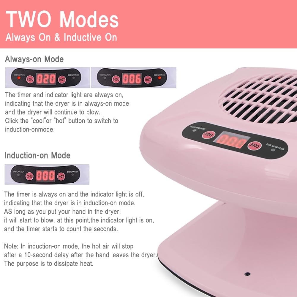 Pink 300W Air Nail Dryer with Hot & Cool Air for Regular Nail Polish