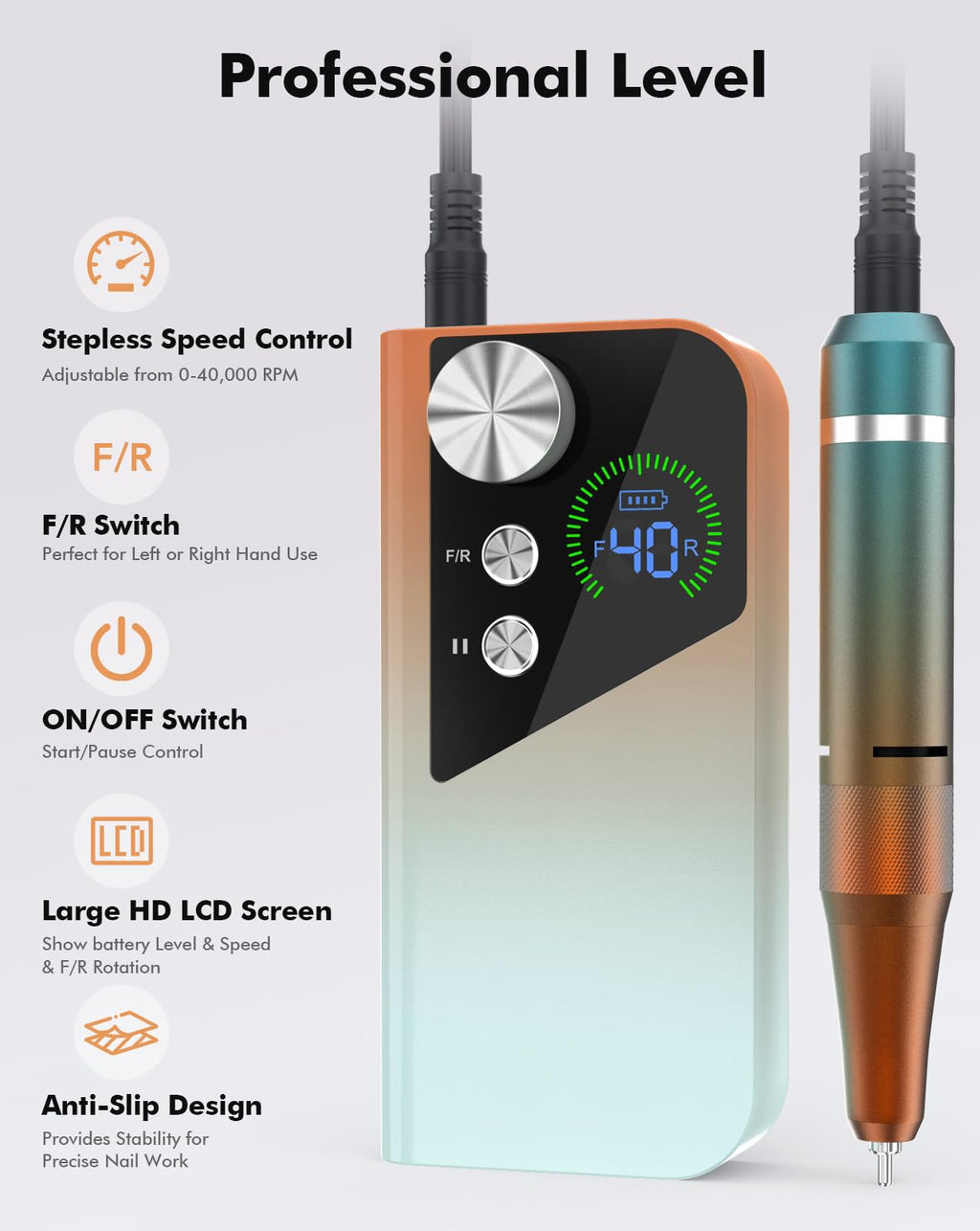 HOMEASY Rechargeable Nail Drill 40000RPM with Bits and HD LCD Screen