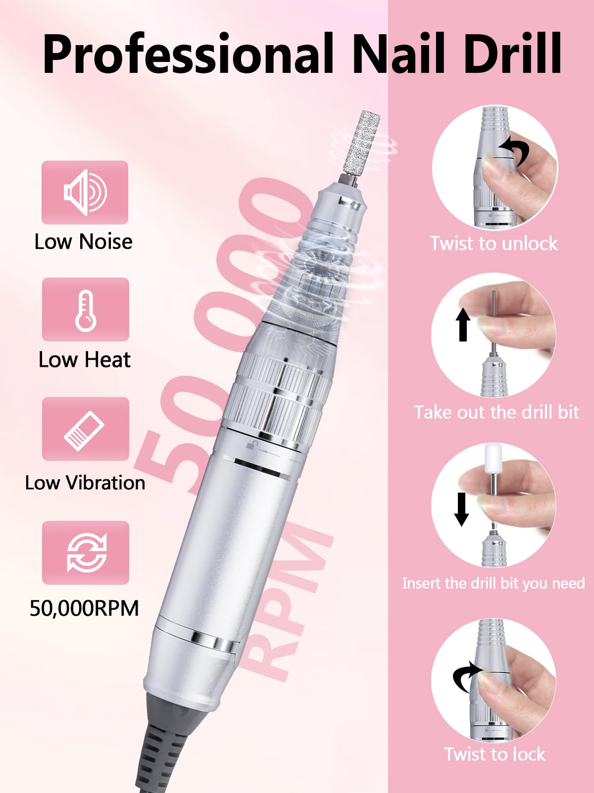 Professional Rechargeable Nail Drill 50,000 RPM with Bits