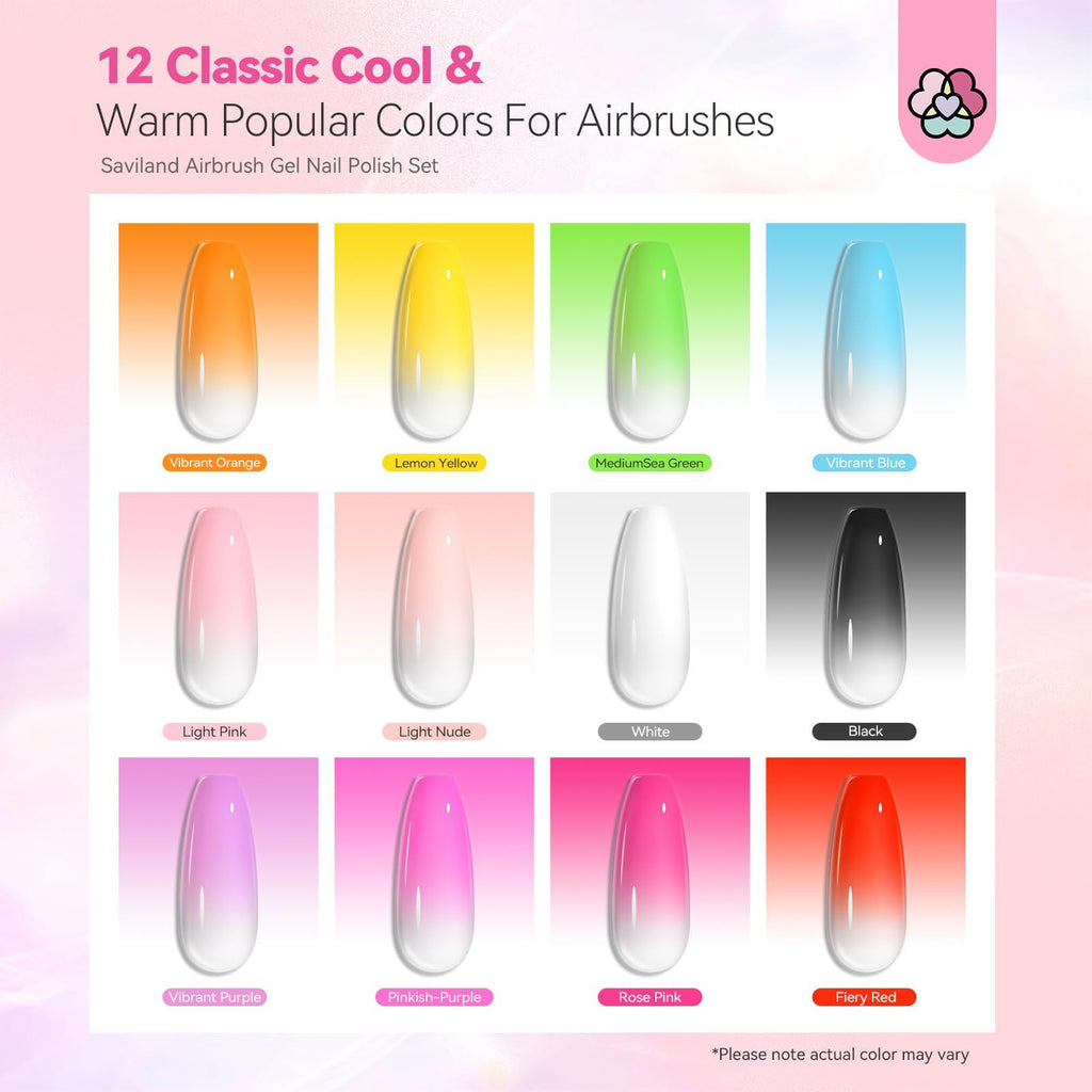 SAVILAND HEMA-Free Airbrush Gel Nail Polish Set, 12 Colors, No Dilution