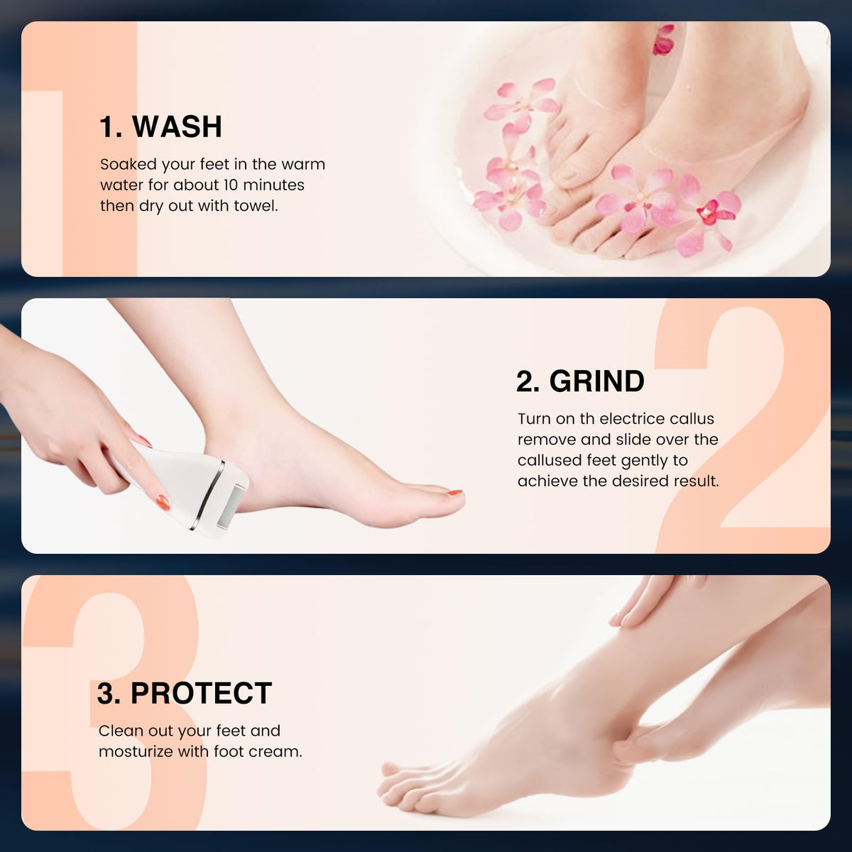 Electric Foot Callus Remover, Rechargeable Pedicure File, 3 Roller Heads, 3 Speeds