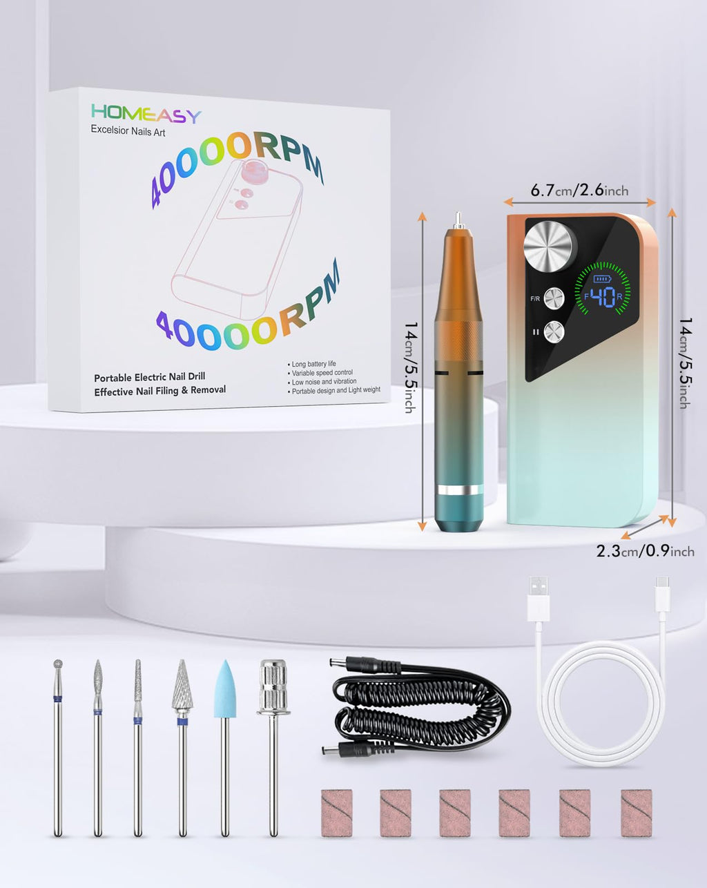 HOMEASY Rechargeable Nail Drill 40000RPM with Bits and HD LCD Screen