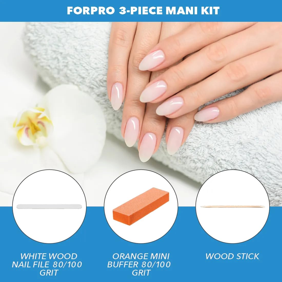 ForPro 3-Piece Disposable Manicure Kit with Nail File, Buffer and Wood Stick