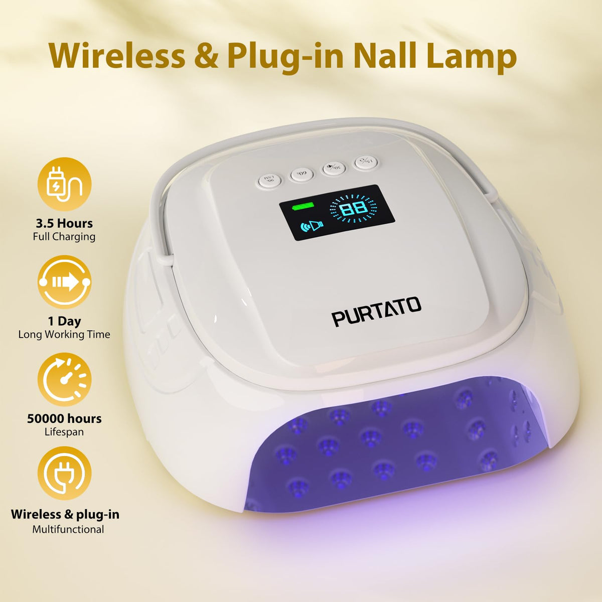 Purtato 126W Cordless Rechargeable UV LED Nail Lamp with Handle and Foot Rest