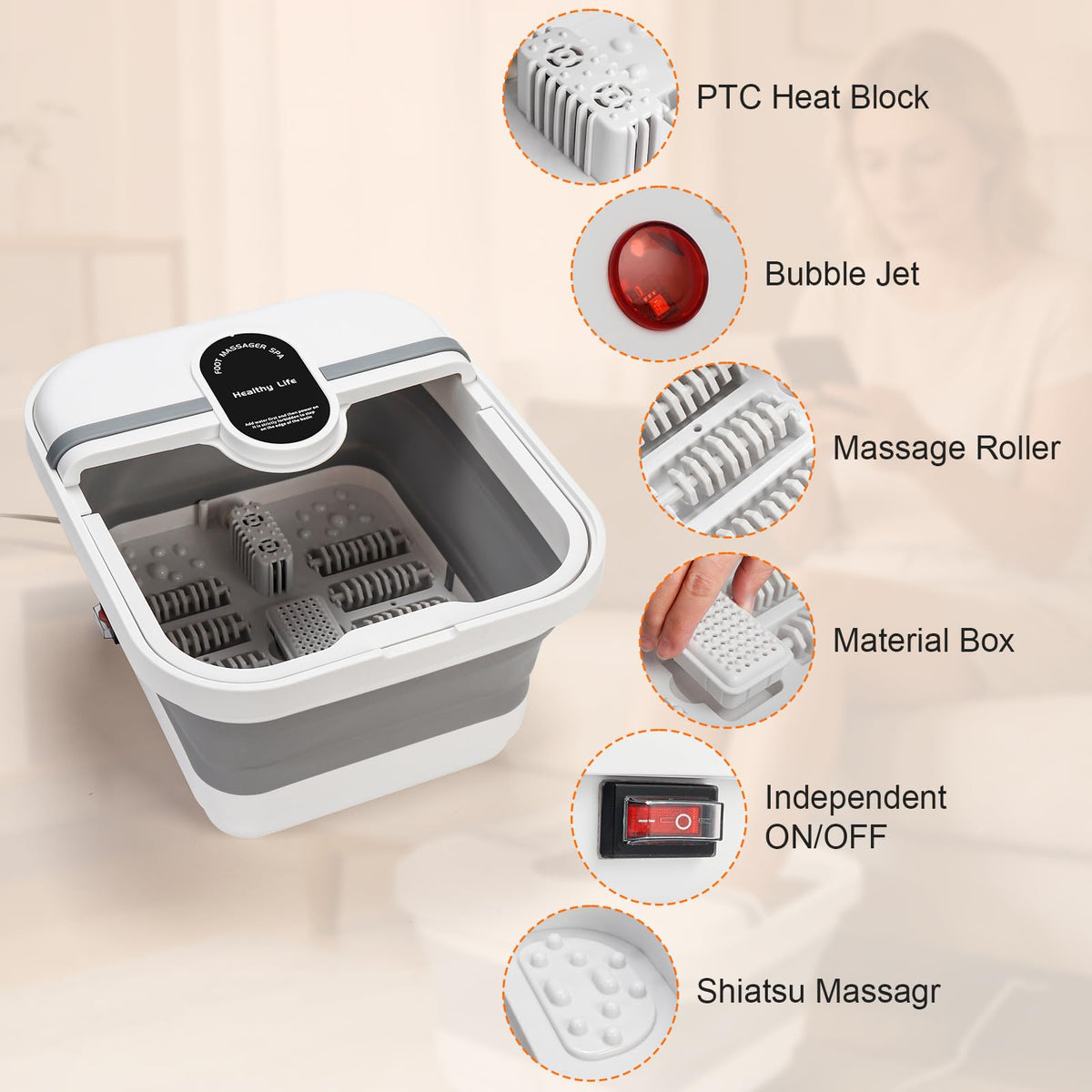 Collapsible Foot Spa Massager with Heat, Bubbles and Massage Rollers
