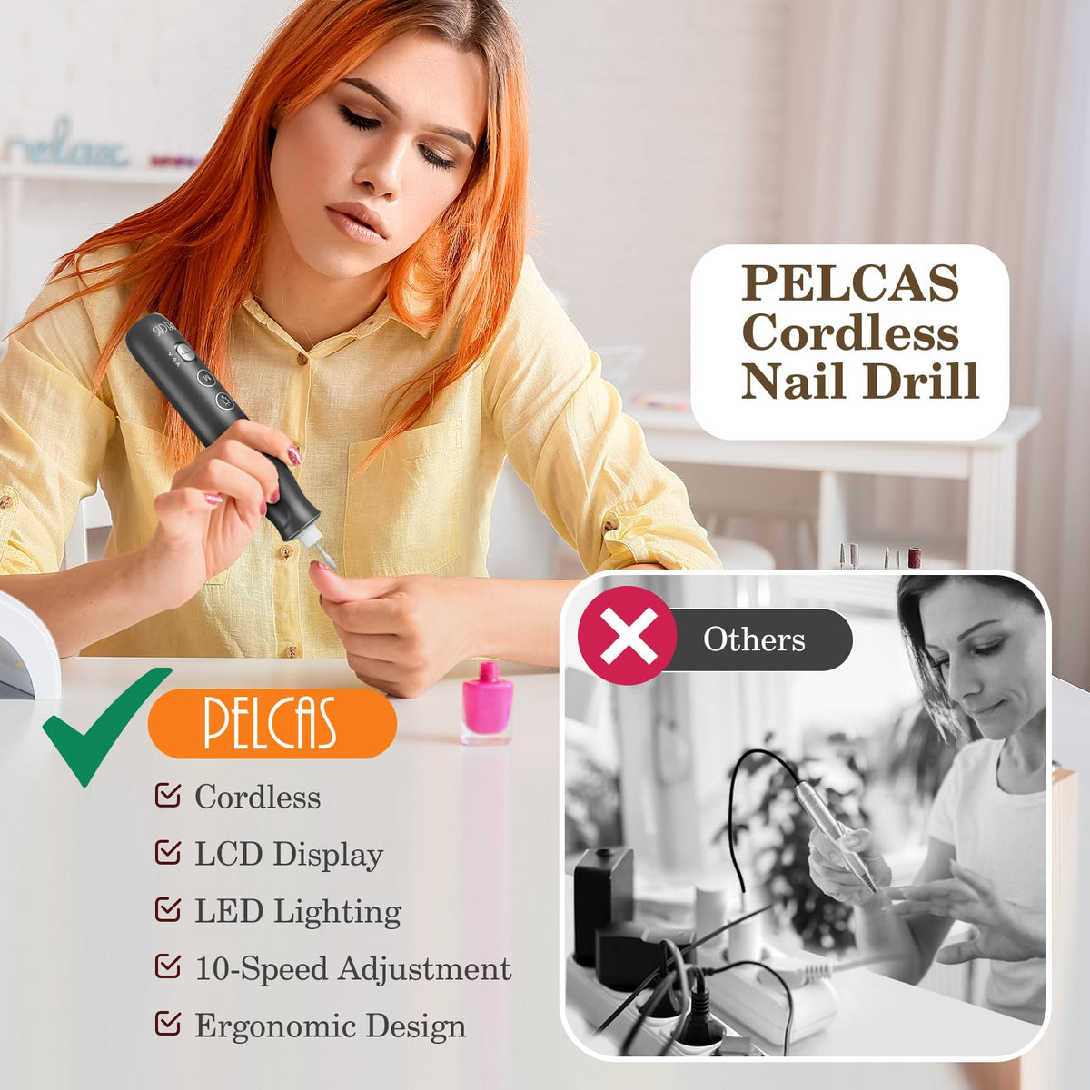 PELCAS Electric Nail Grinder, Cordless Nail Drill with LED Light and LCD Screen