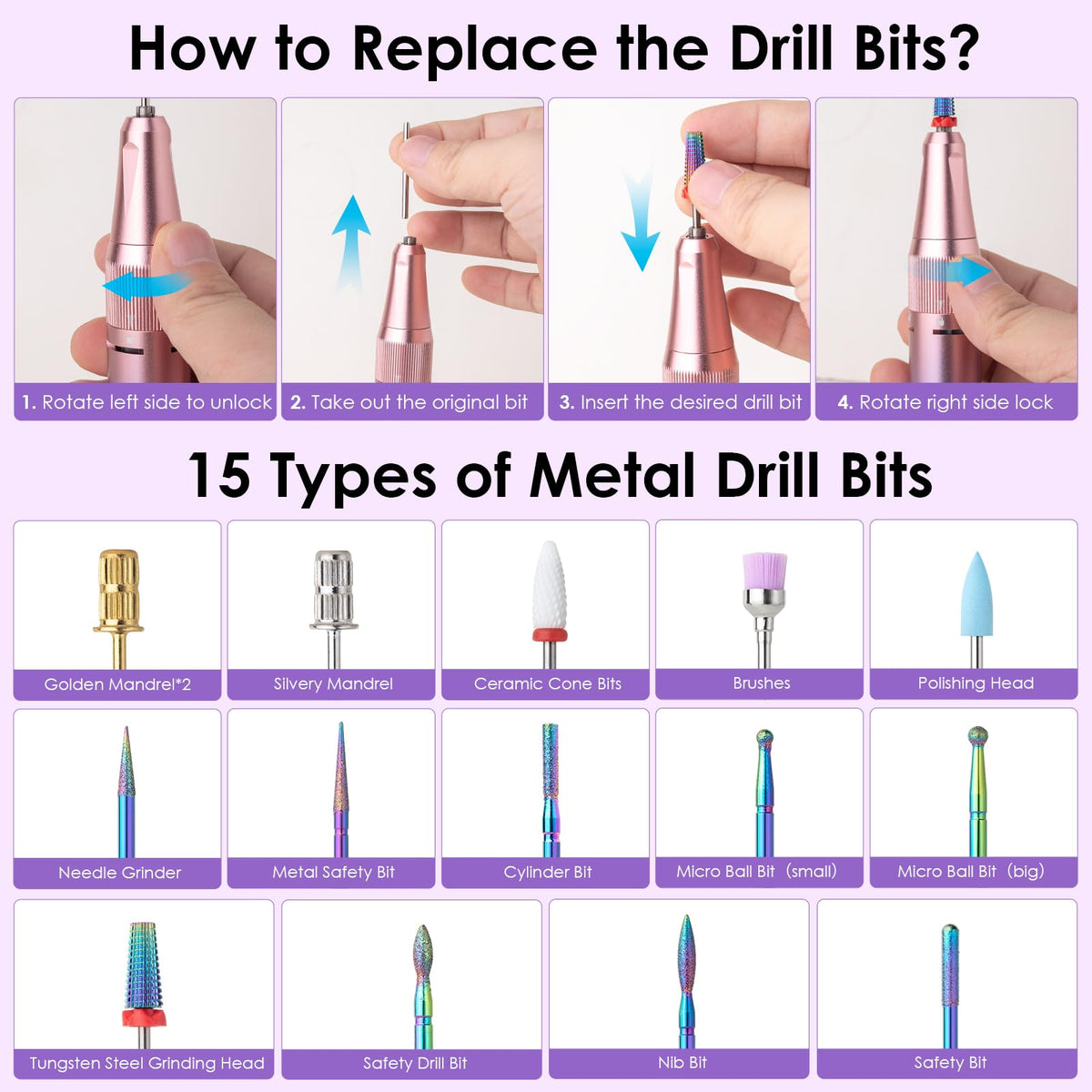 HOMEASY Electric Nail Drill 40000RPM Rechargeable E-File Kit, Purple
