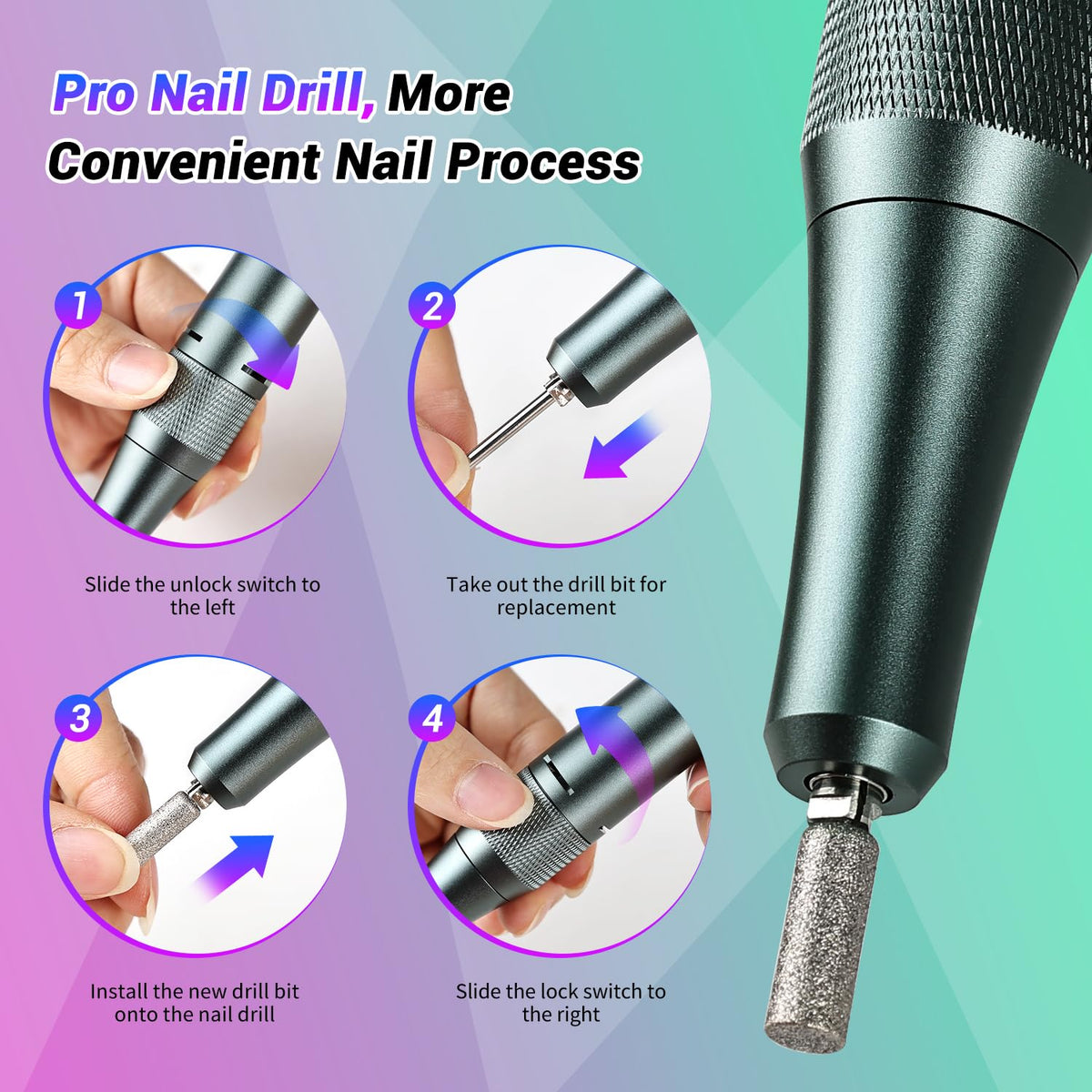 JEWHITENY Portable Rechargeable Nail Drill, 45,000 RPM Electric Nail File