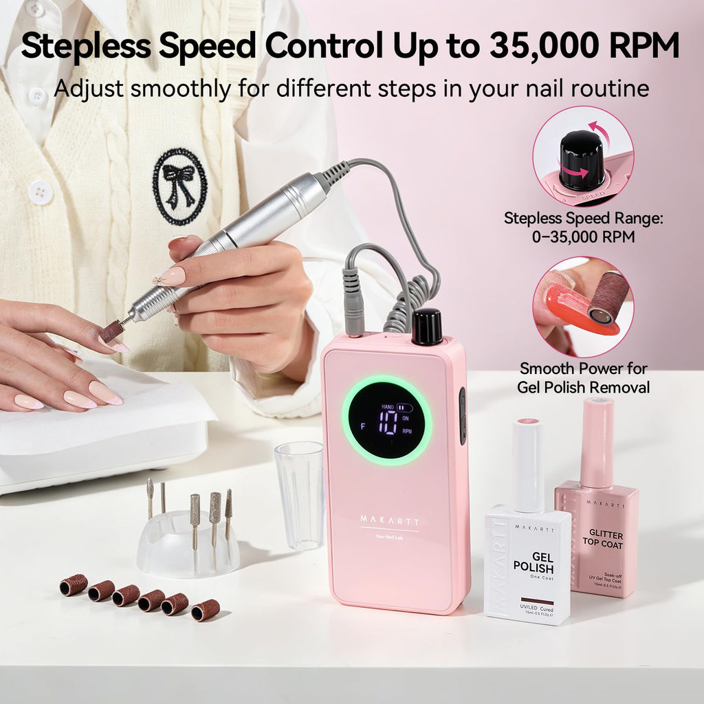 Makartt Pink Cordless Nail Drill, 35000RPM Electric Nail E-File