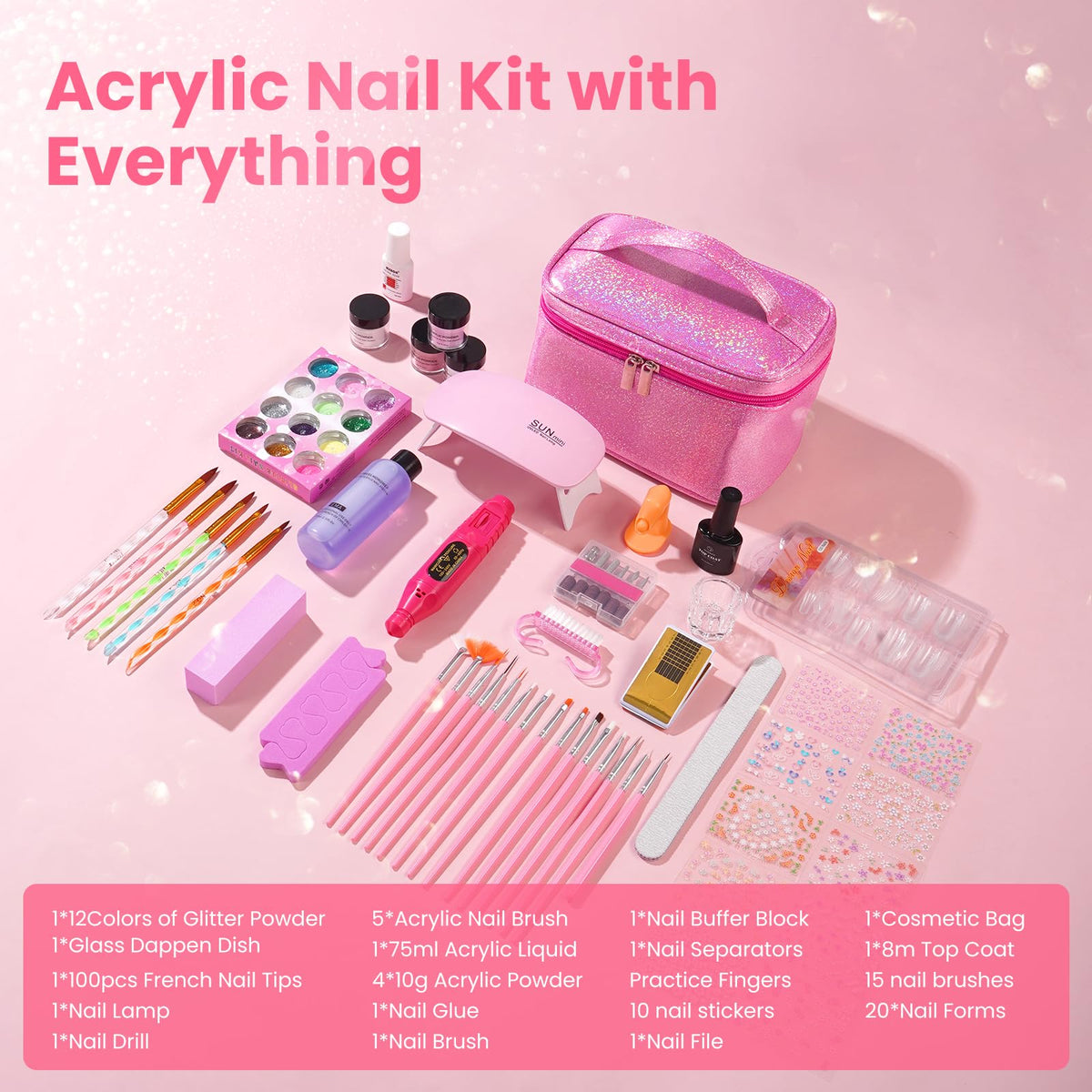 Acrylic Nail Kit for Beginners with Practice Finger, UV Light and Nail Art Tools