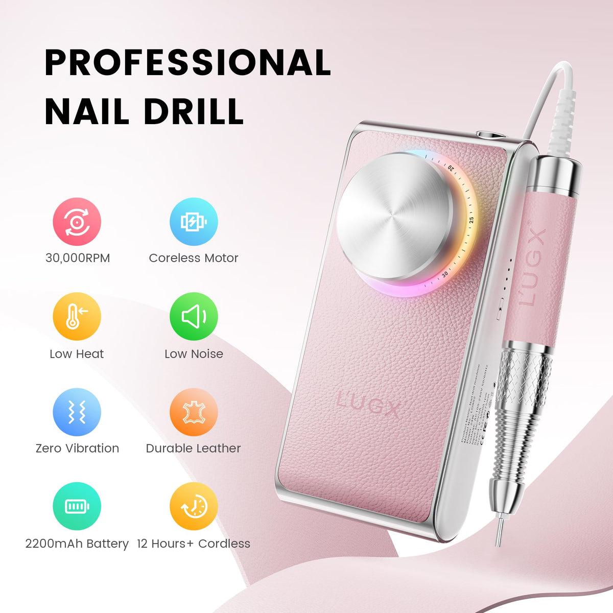 L'UGX Professional Cordless Nail Drill, Rechargeable Electric Nail File, 30,000 RPM