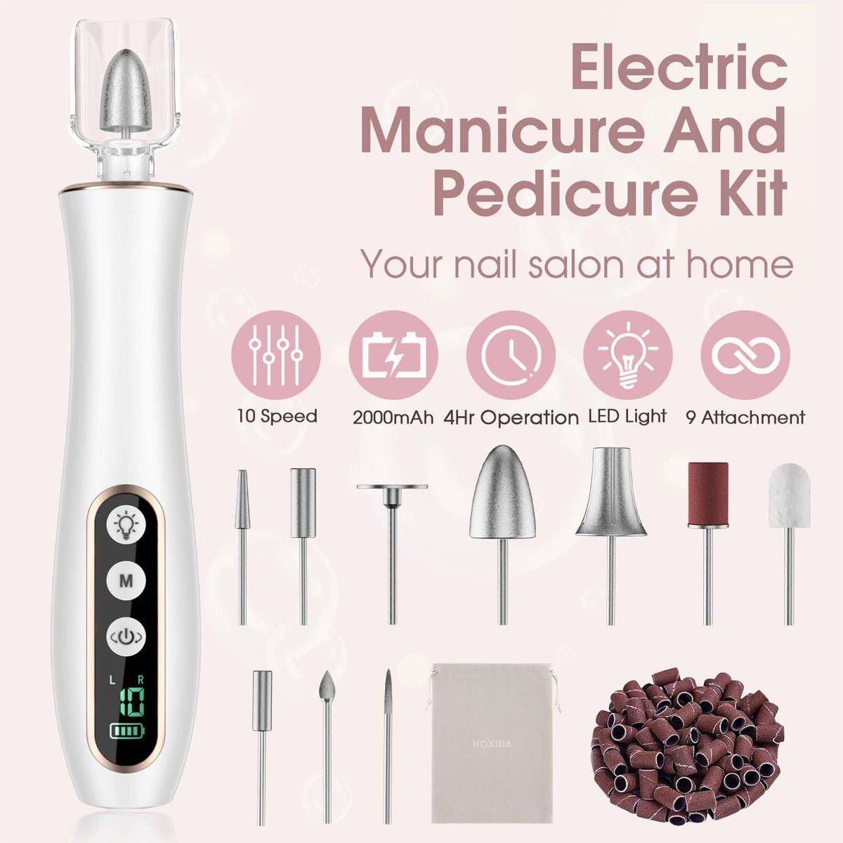 Hoxida Cordless Electric Nail Drill Kit with LED Light
