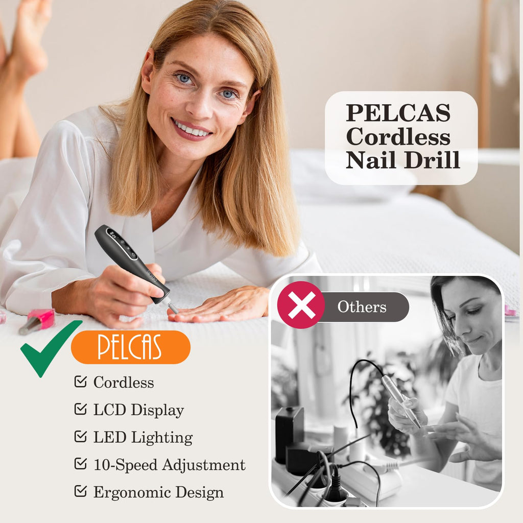 PELCAS Cordless Electric Nail Drill Kit with Light, LCD Display and 10 Speeds