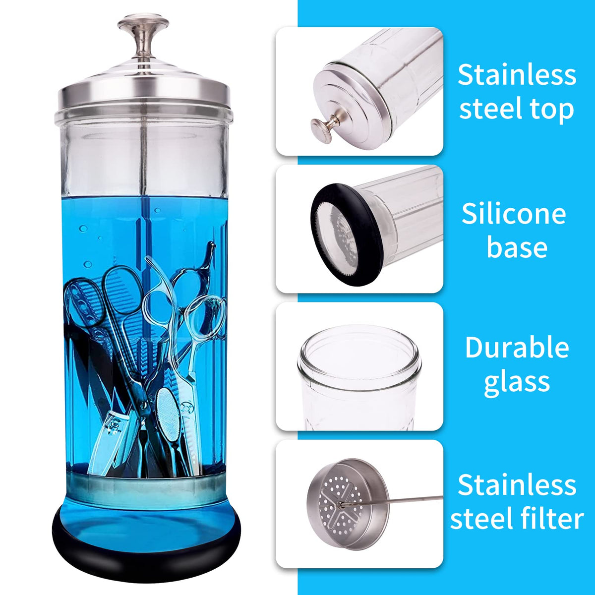Barber Disinfectant Jar with Removable Stainless Steel Basket, 50.7 oz