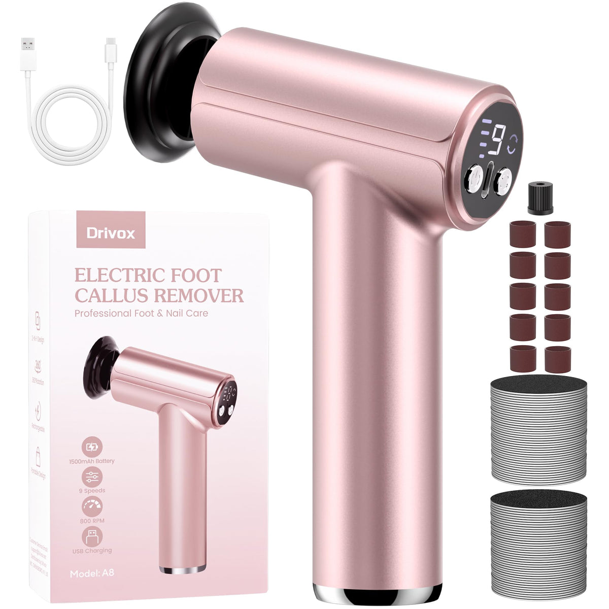 Drivox Rechargeable Electric Foot Callus Remover with 2-in-1 Sanding Heads