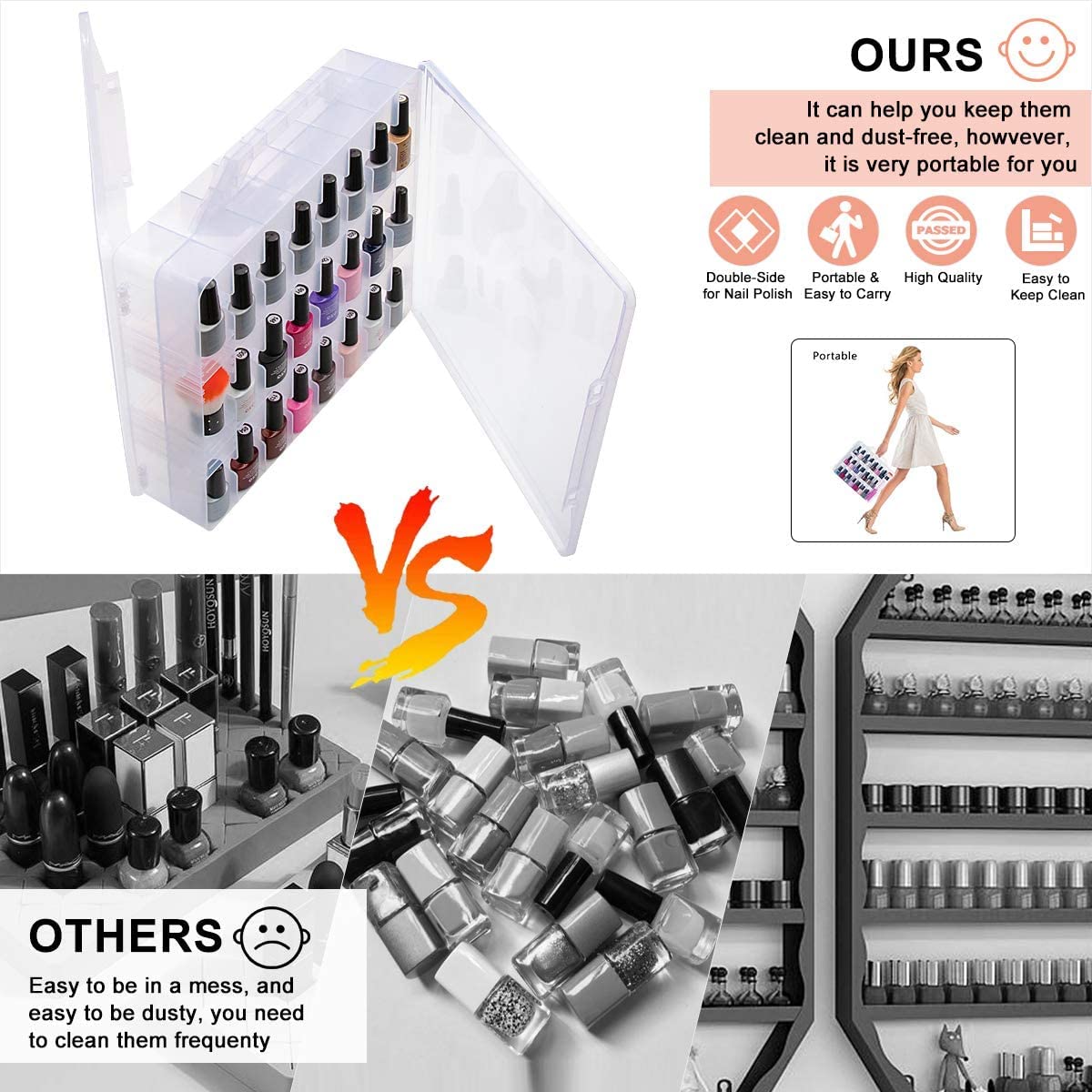 SUBAY Portable Nail Polish Organizer Case with Adjustable Dividers