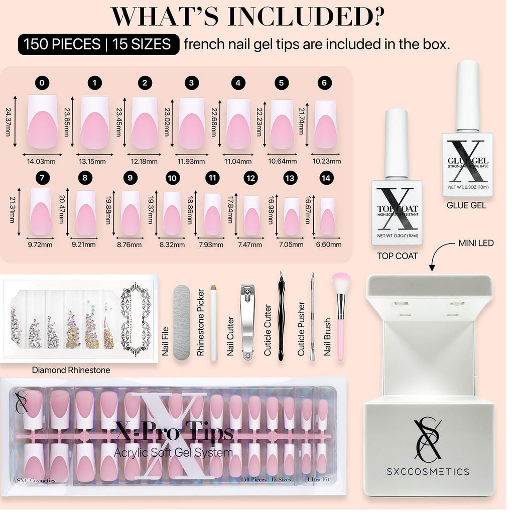 SXC Cosmetics Press-On Fake Nails Starter Kit, 150 Pieces, 15 Sizes