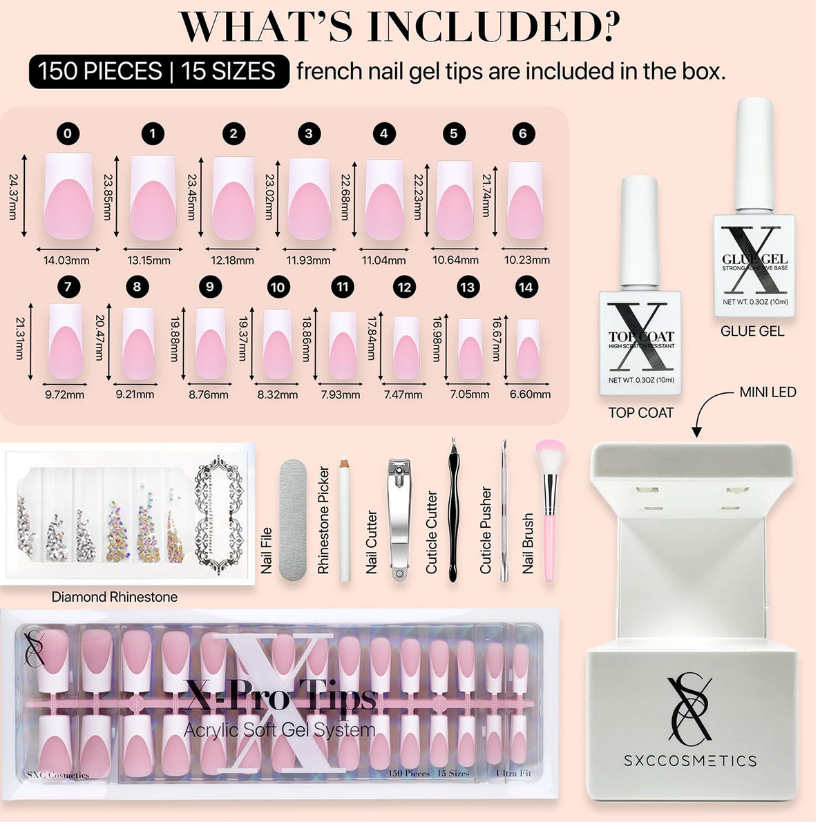 SXC Cosmetics Press-On Fake Nails Starter Kit, 150 Pieces, 15 Sizes