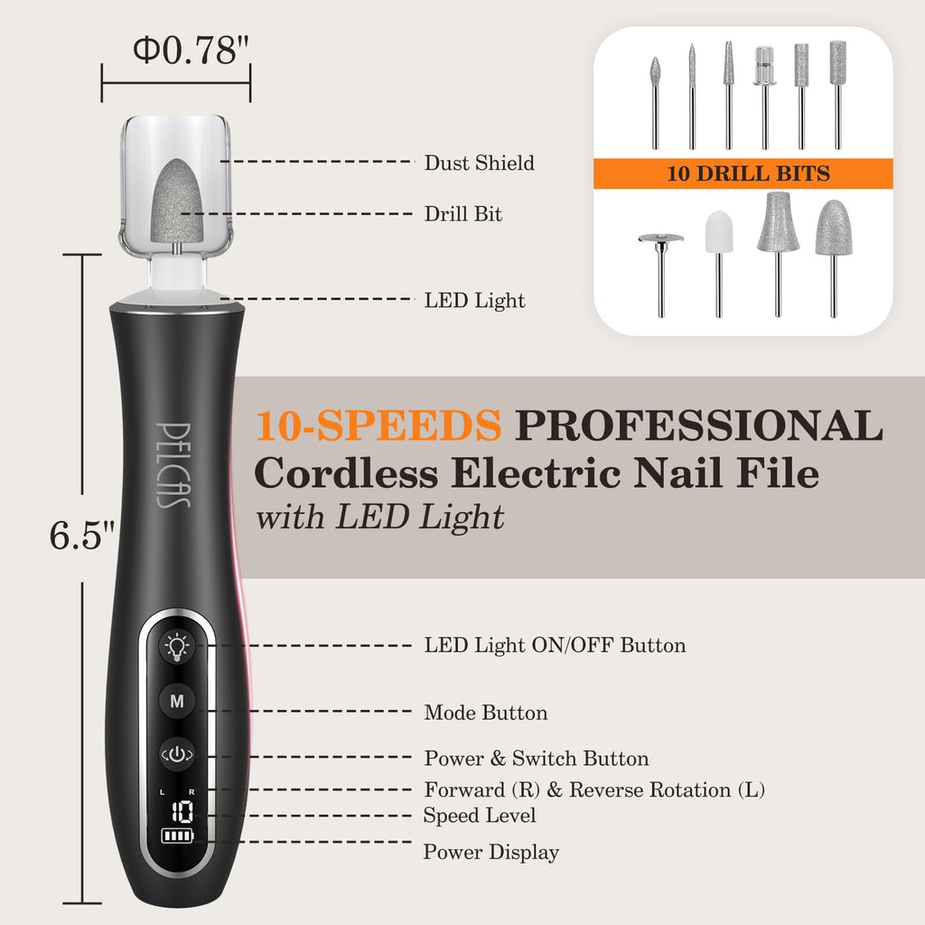 PELCAS Cordless Electric Nail Drill Kit with Light, LCD Display and 10 Speeds