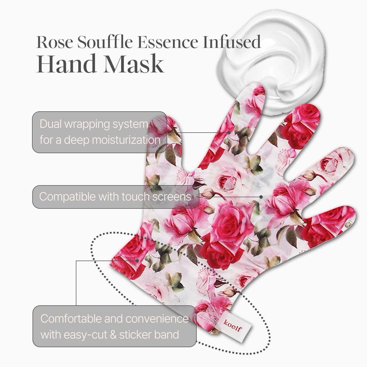 Koelf Rose Petal Satin Hand Mask, 10 Pairs, Moisturizing Hand & Nail Treatment