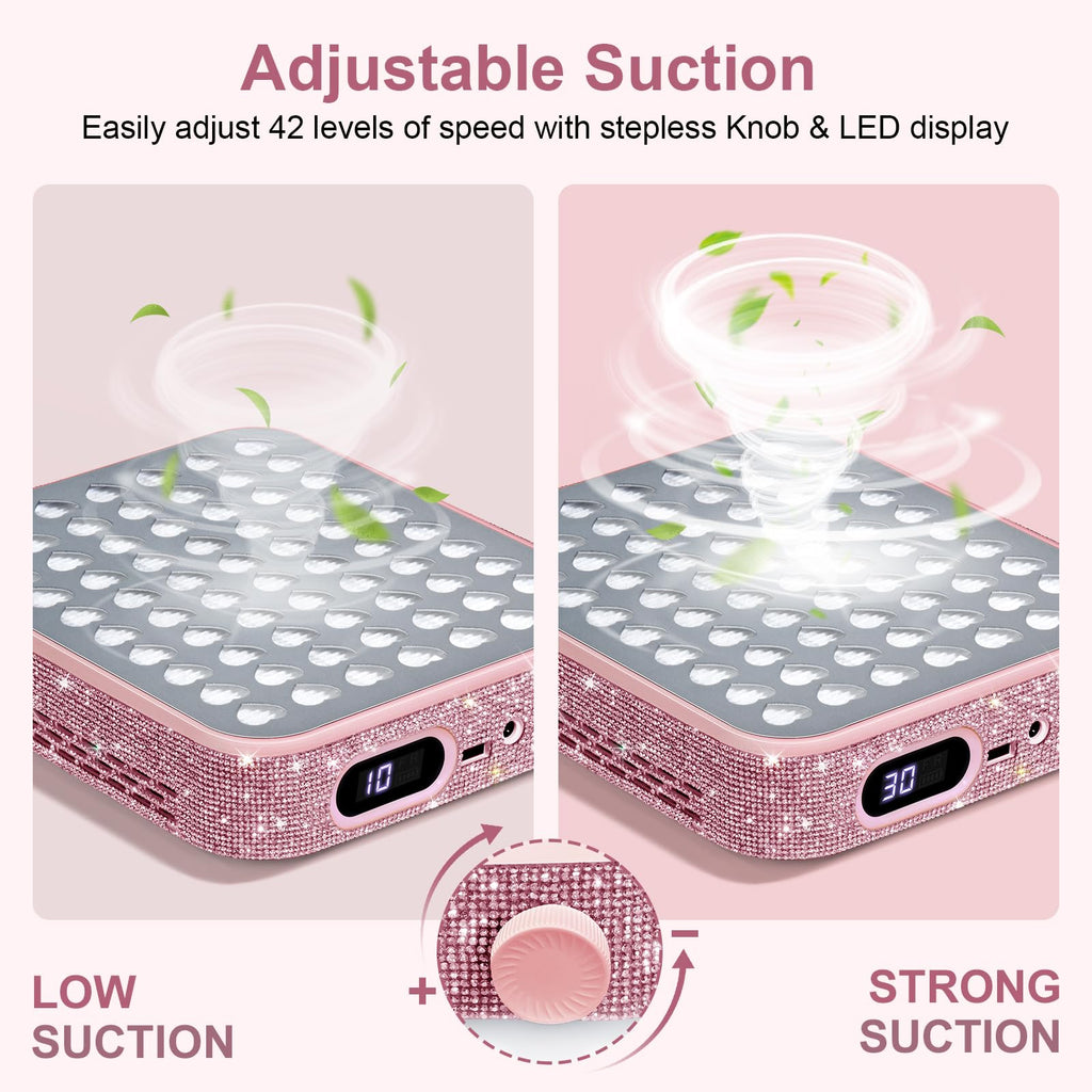 Nail Dust Collector with Reusable Filter, Quiet Adjustable Suction, Pink Diamond