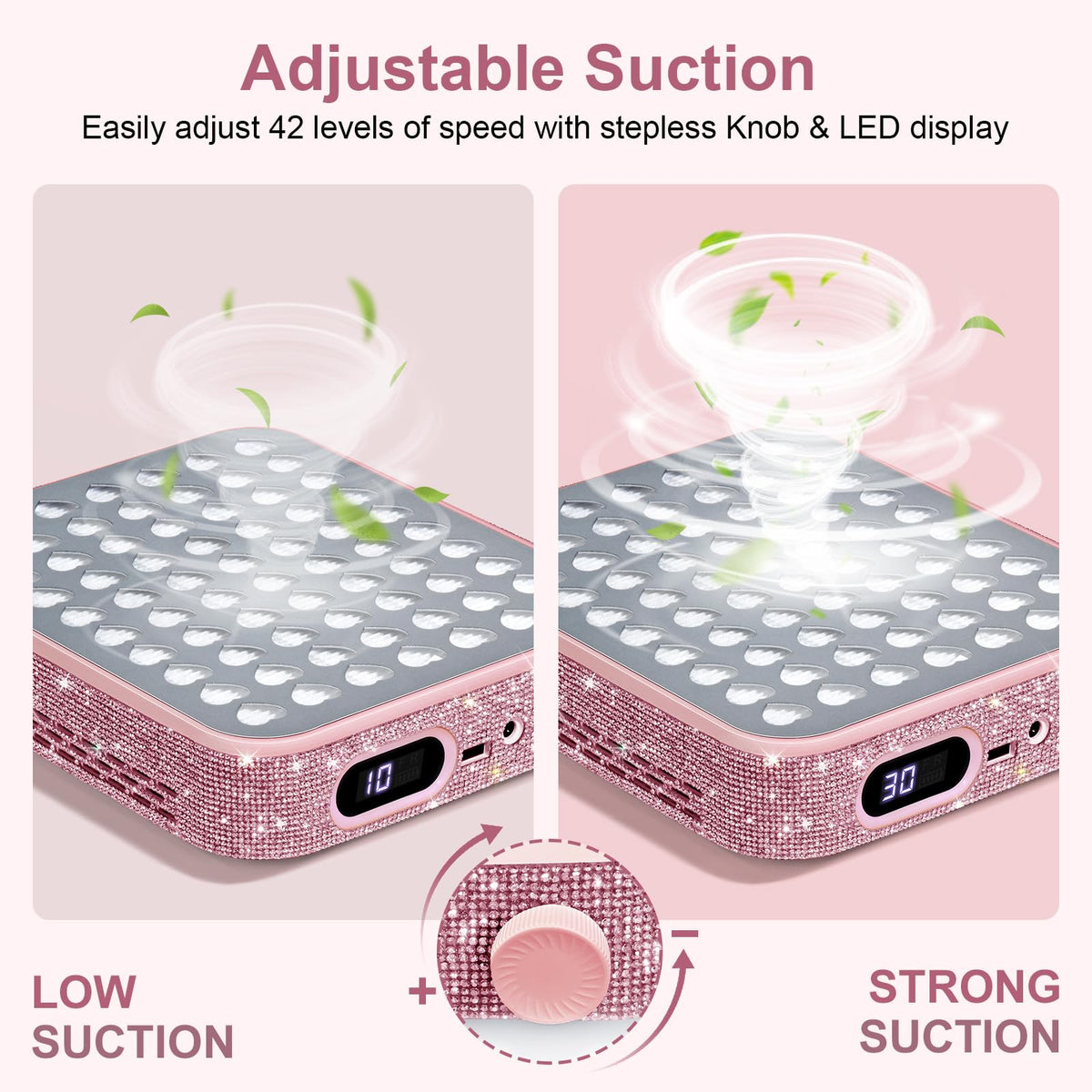 Nail Dust Collector with Reusable Filter, Quiet Adjustable Suction, Pink Diamond