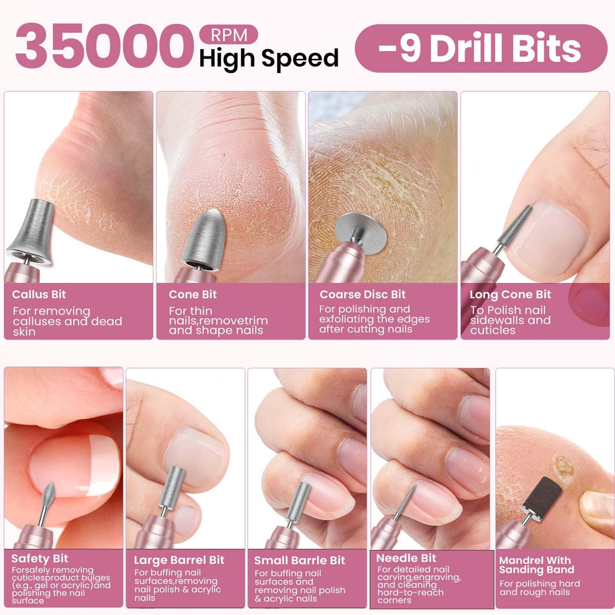 Hoxida Cordless Electric Nail Drill Kit, 35000RPM Rechargeable Nail File