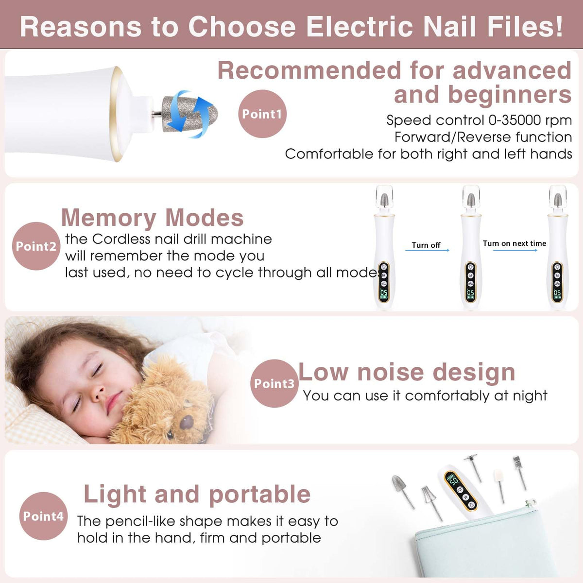 Hoxida Cordless Electric Nail Drill Kit with LED Light
