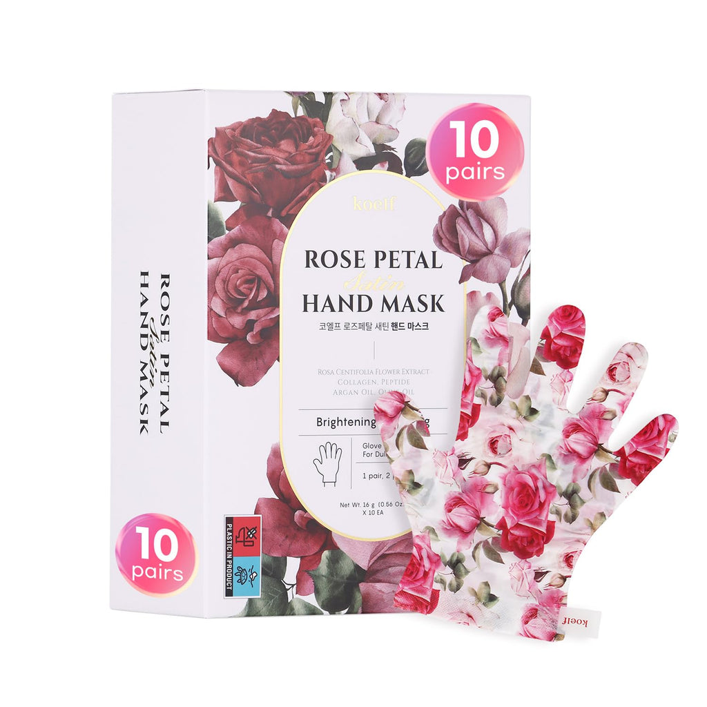 Koelf Rose Petal Satin Hand Mask, 10 Pairs, Moisturizing Hand & Nail Treatment