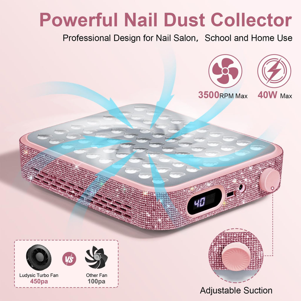 Nail Dust Collector with Reusable Filter, Quiet Adjustable Suction, Pink Diamond
