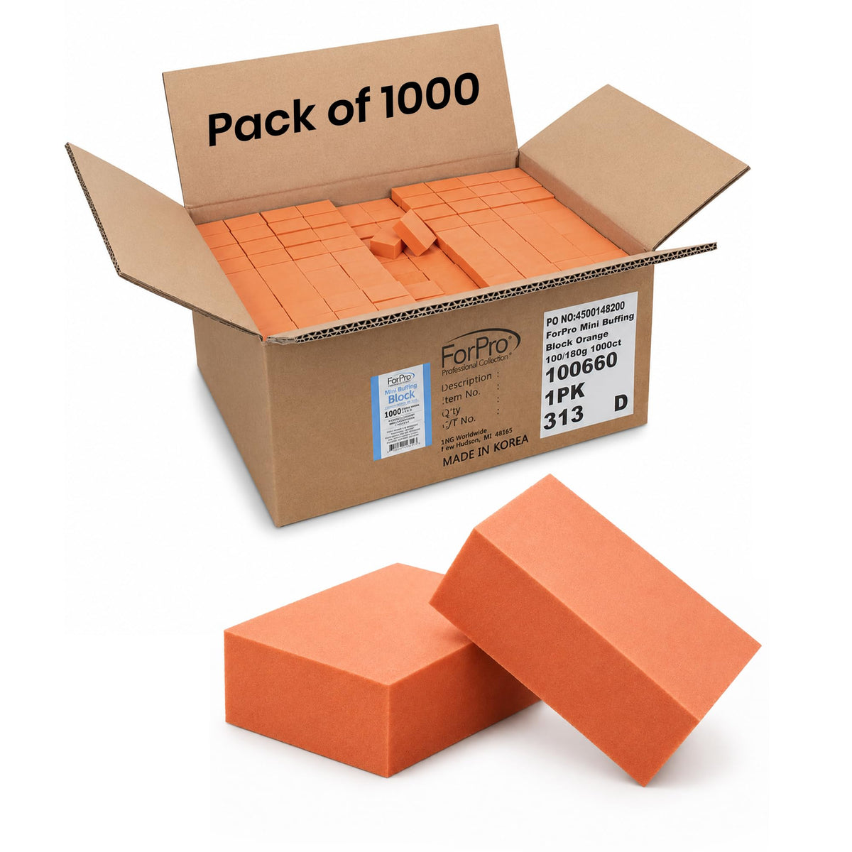 ForPro Orange Mini Buffing Nail Blocks, 100/180 Grit, 1000 Count