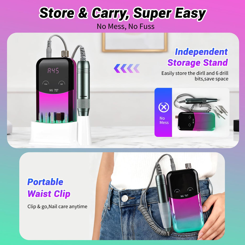 JEWHITENY Portable Rechargeable Nail Drill, 45,000 RPM Electric Nail File