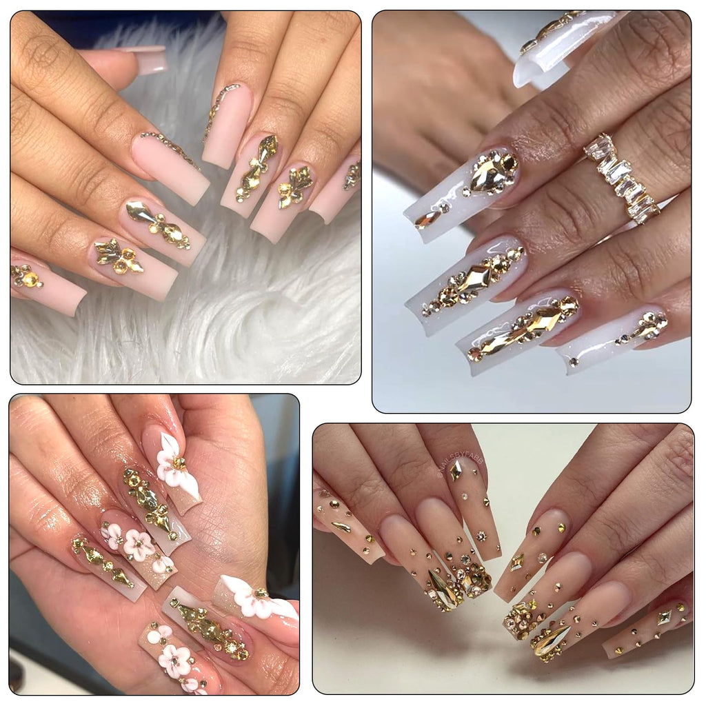 Champagne Gold Nail Rhinestones & 3D Nail Art Gems with Kit