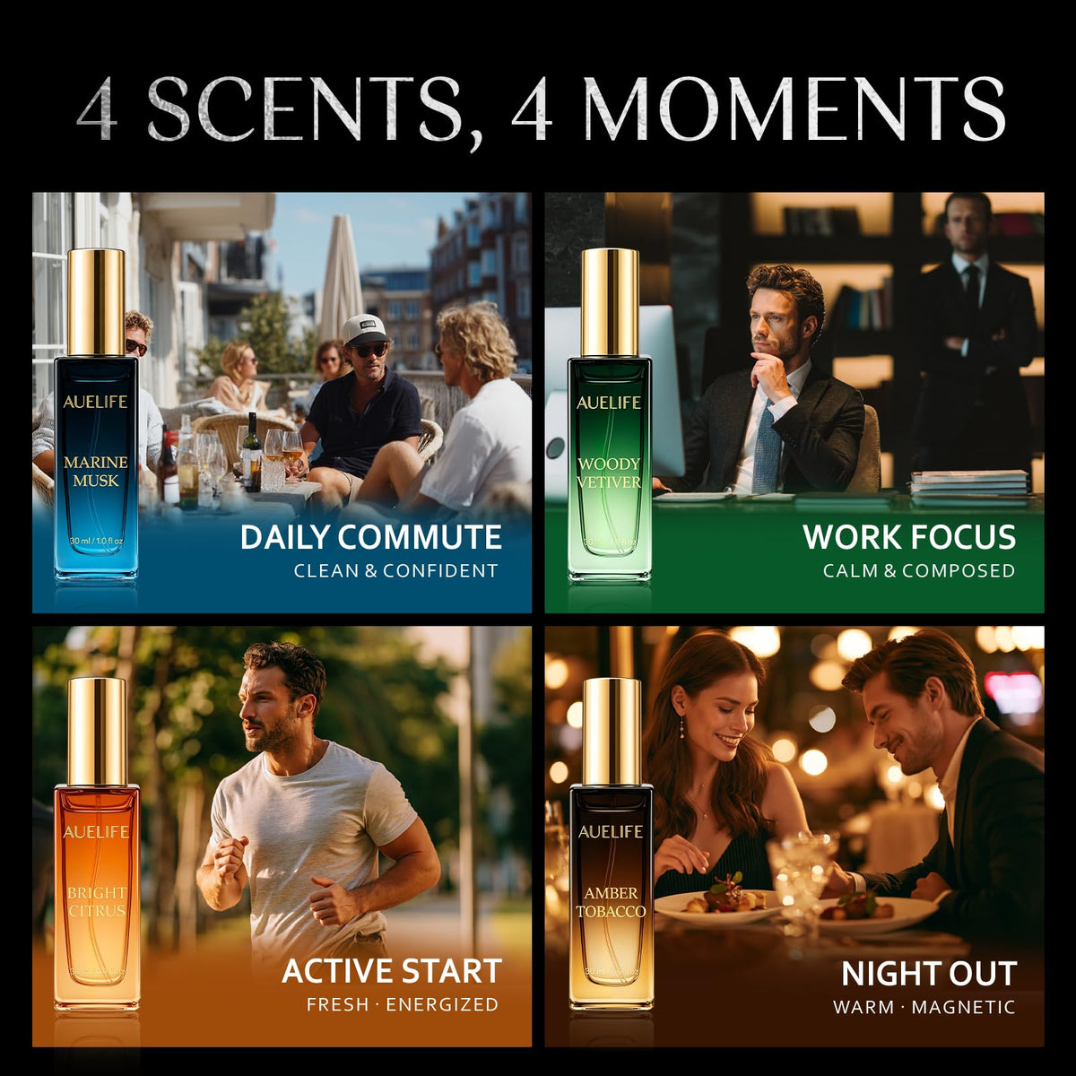 Auelife Men's Perfume Gift Set, 4 x 30mL Alcohol-Free Cologne