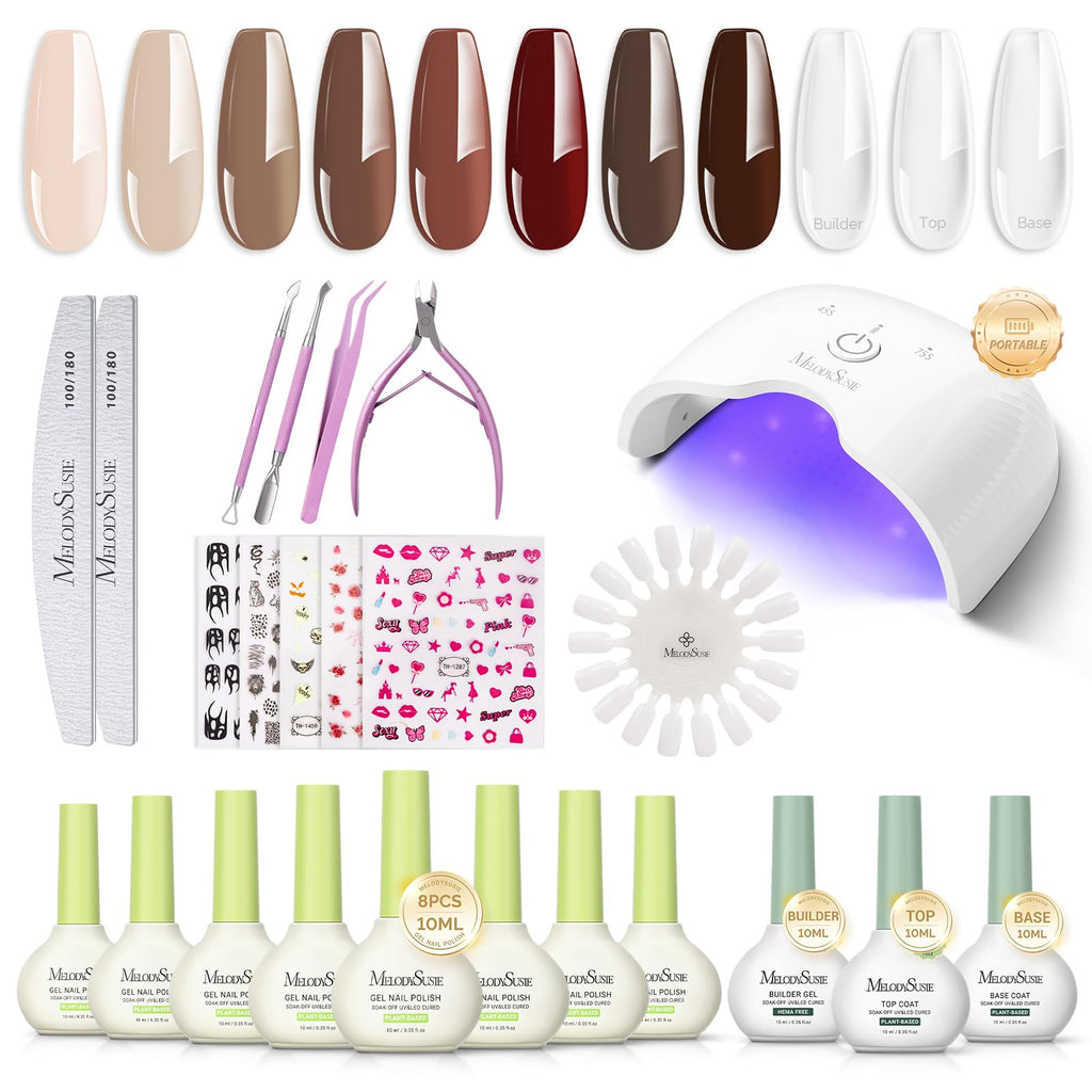 MelodySusie Gel Nail Kit with Cordless UV LED Lamp, Base, Top & Builder Gel